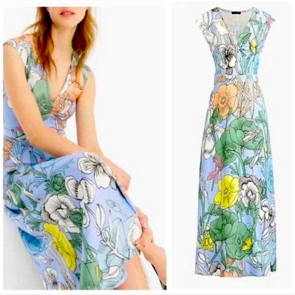J.Crew Pastel Floral Maxi in Light Sky Lightweight Silky V-neck‎ Dress 2